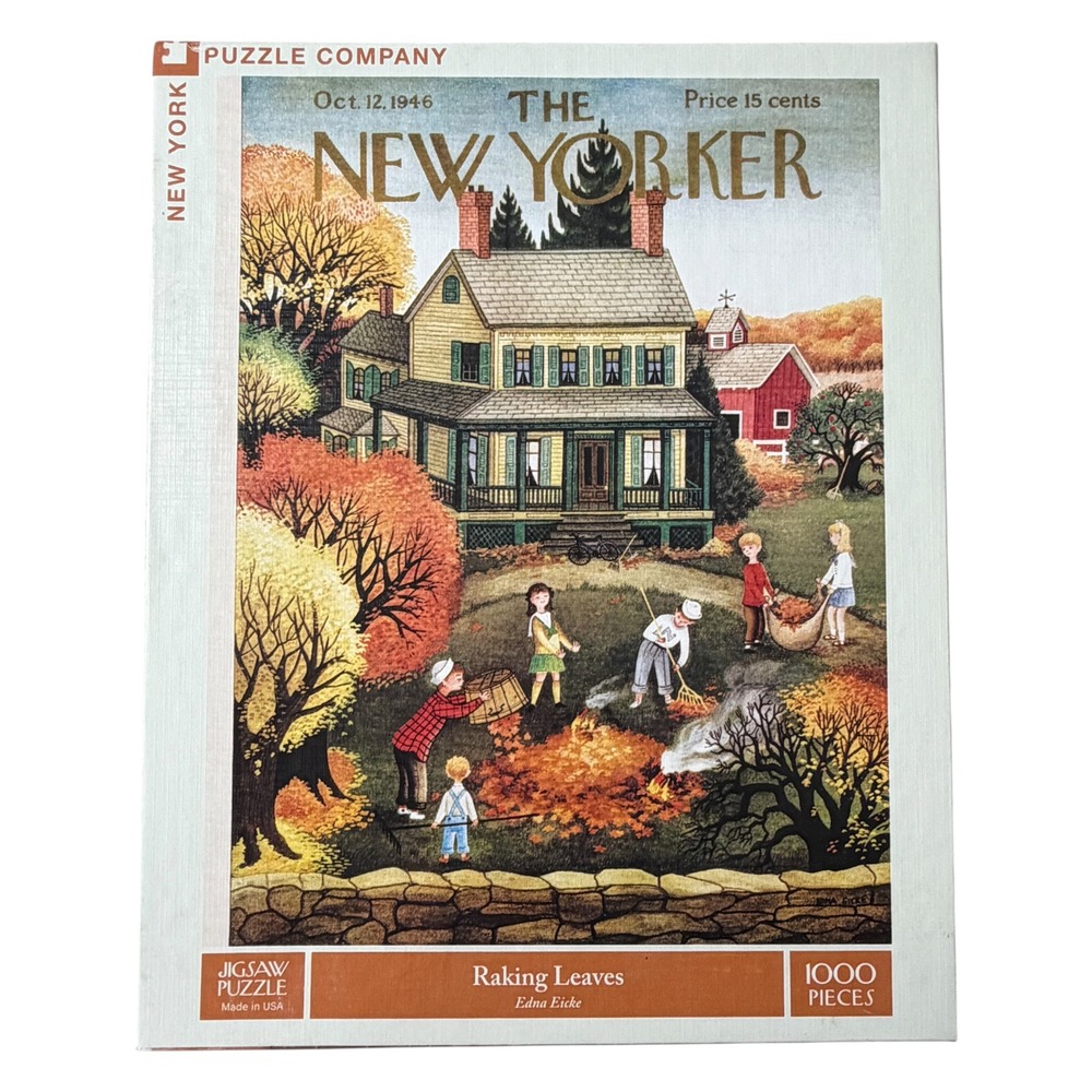 New York Puzzle Company The New Yorker Raking Leaves 1000 Piece Jigsaw Puzzle